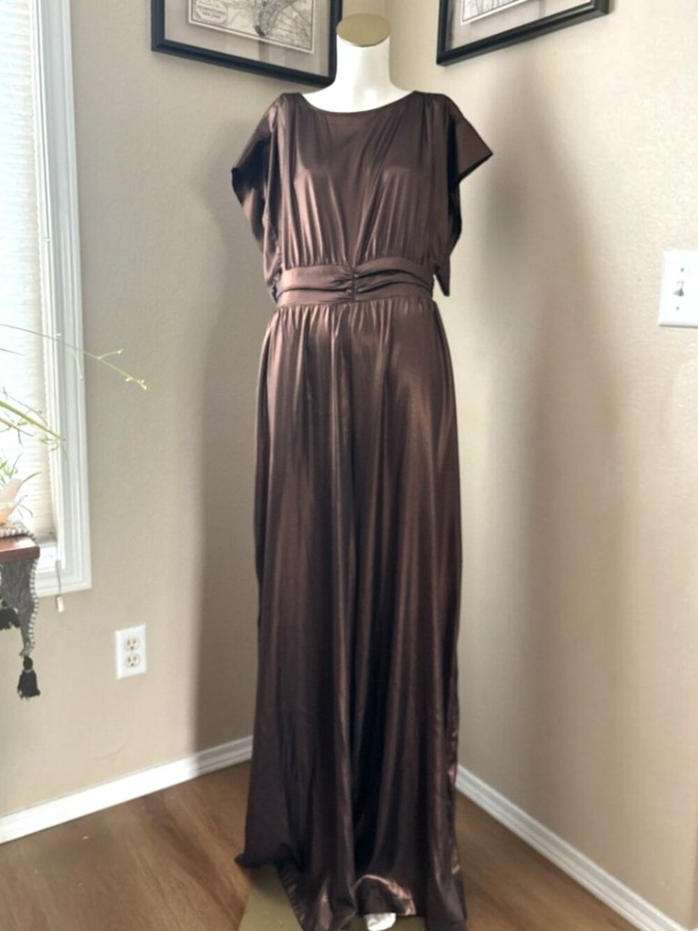 MISA Los Angeles Bronze Metallic Flutter Sleeve Keyhole Back Jumpsuit Size